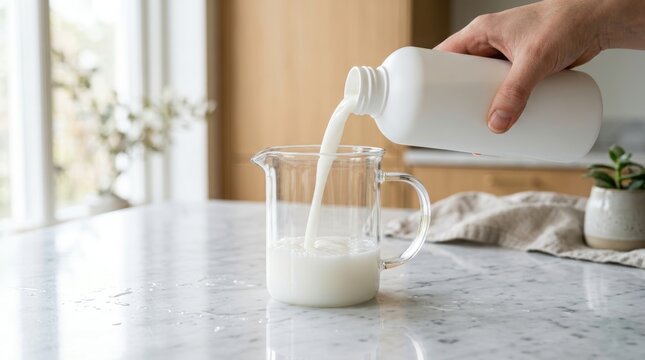 Woman hand pouring white liquid laundry starch from plastic bottle into glass beaker. Household chore for fabric ironing and garment care.