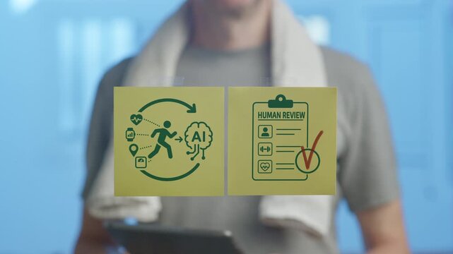 Athlete using a tablet to plan a workout session with an ai coach, emphasizing the importance of human review for personalized fitness, health, and overall wellness monitoring