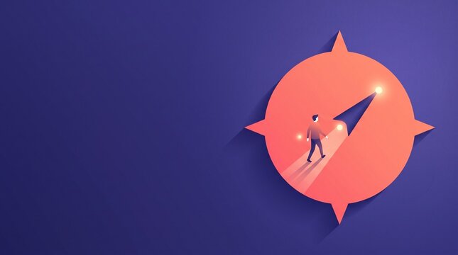 Man running inside glowing compass needle, direction and business navigation concept illustration