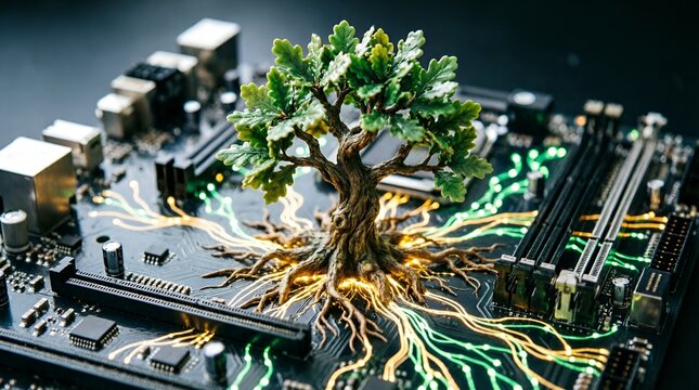 Miniature green tree growing on a computer motherboard with glowing circuit roots, representing eco-friendly technology and green computing.
