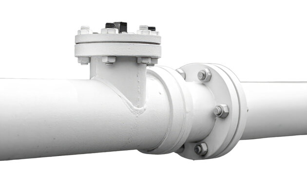 White painted metal industrial pipe with flanged joint and bolted valve isolated on transparent background concept of industrial pipeline infrastructure and plumbing systems