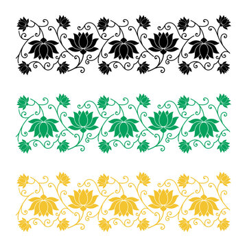 Elegant floral lace border vector set, decorative lotus ornament, vintage seamless pattern collection