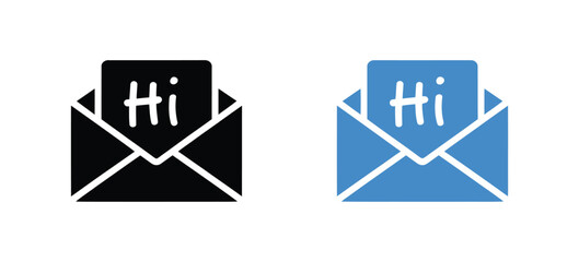 Hi mail icon set, envelope message symbols in black and blue styles for email greetings, communication, messaging applications and digital correspondence. © Khoteza