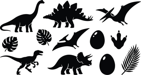 A collection of black dinosaur silhouettes including various species prehistoric plants eggs and footprints isolated on a white background © Rujina