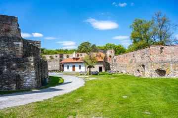 Visitors walk through the Boskovice Castle ruins in Czechia on a sunny day. The stone walls and grassy area invite exploration and discovery of history. © pyty