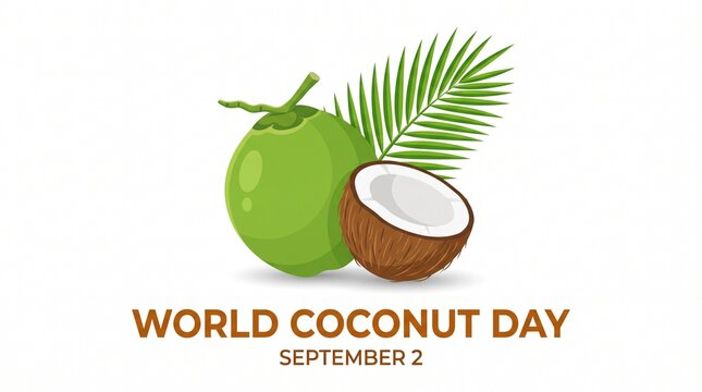 World coconut day illustration with green coconut and palm leaf