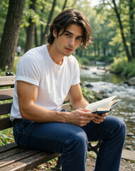 Fototapeta premium Determined young man studying on a park bench, surrounded by serene nature, exudes quiet focus and confidence.