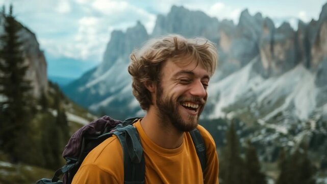 Happy young hiker with backpack laughing and smiling at the camera amidst the stunning mountain scenery of the dolomites during a summer outdoor adventure