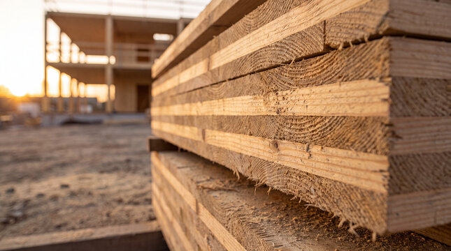 Cross laminated timber panels being lifted into place on a multi-story mass timber building under construction