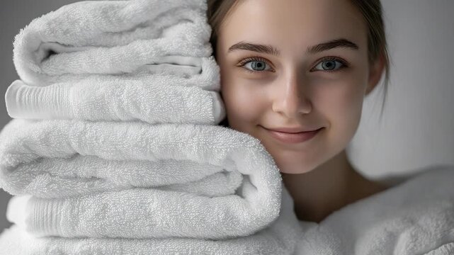 Beautiful young woman holding a stack of fresh clean white towels and smiling, representing hygiene, comfort, and relaxation in a spa or home laundry setting