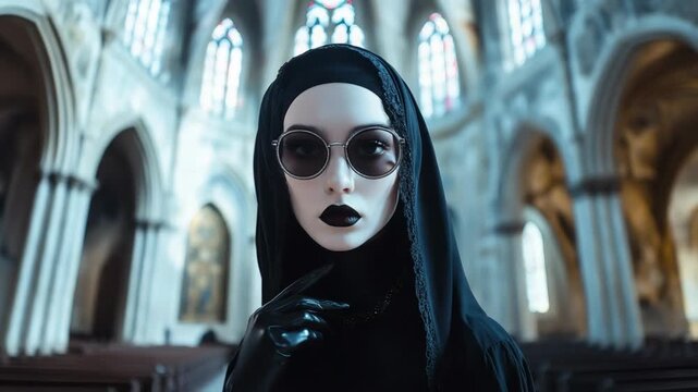 Gothic nun with black lipstick and sunglasses standing inside a magnificent old cathedral, expressing a modern and unconventional religious concept with a high fashion look
