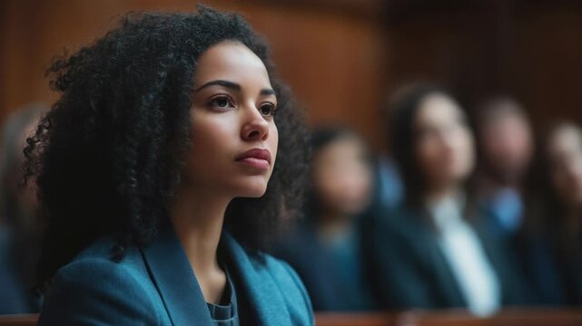 Determined female lawyer sitting in a courtroom during a trial with a serious expression, focusing on the legal proceedings and anxiously awaiting the final verdict