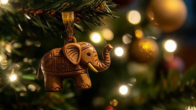 Wooden elephant christmas ornament gently swinging on a festive tree branch with sparkling golden lights, creating a warm holiday and celebration atmosphere