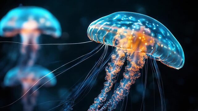 Bioluminescent jellyfish swimming gracefully in the deep dark ocean, their glowing blue and orange bodies creating a spectacular underwater display of marine life