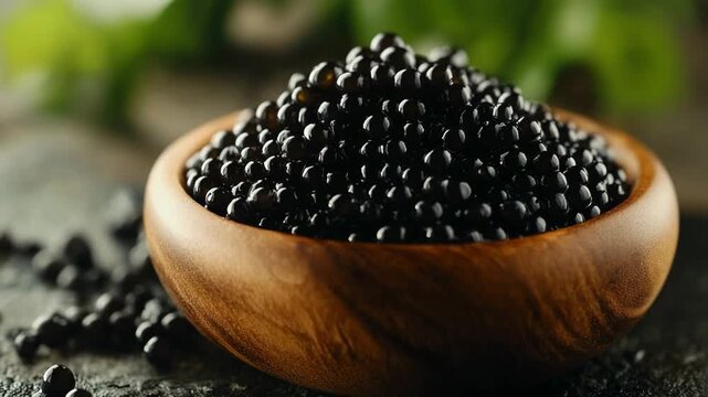 Black sturgeon caviar in a wooden bowl representing a gourmet appetizer. A luxurious and exclusive delicacy, this seafood is perfect for an elegant and refined dinner
