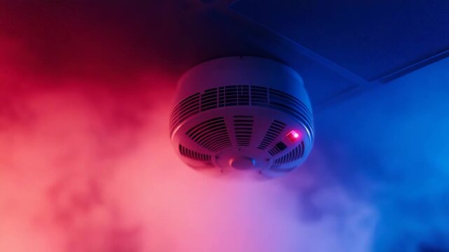 Smoke detector on a ceiling activating with a flashing red light during a fire emergency, with red and blue warning lights illuminating the billowing smoke in the room