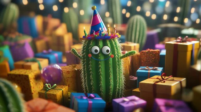 Adorable animated cactus character with a happy smiling face celebrating a birthday party surrounded by colorful presents and wearing a party hat with lit candles