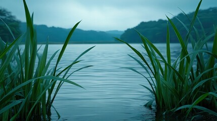 Fototapeta premium A serene lake view framed by lush green grass under a cloudy sky, ideal for nature-focused projects, relaxation themes, and backgrounds, This image evokes tranquility and calmness,
