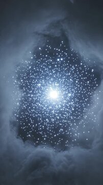 Night sky opening reveals a beautiful star cluster with a bright shining celestial body through a tunnel of moving clouds, offering a cosmic journey into the universe