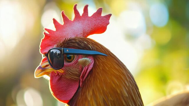 Funny rooster wearing stylish sunglasses in a farmyard at sunset, a humorous portrait of a cock with a cool attitude and red comb looking around on a farm in a rural setting