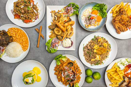 Peruvian Feast Overhead: Ceviche, Fried Seafood, Chaufa Rice, Lomo Saltado, and Fried Chicken