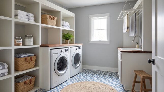 Bright Laundry Room with Patterned Blue Tile Floor and White Cabinetry