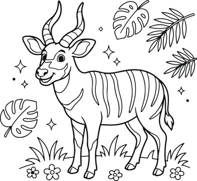 Cute bongo antelope in a tropical forest setting jungle animals coloring page for kids and creative adults
