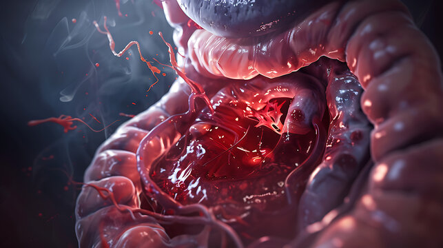 3D medical illustration of a ruptured abdominal aortic aneurysm on a dark clinical background.