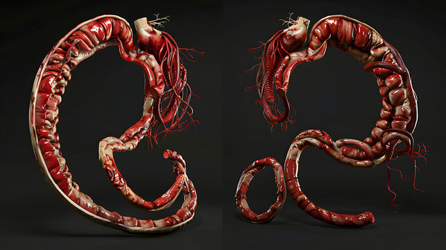 Exploded 3D medical illustration comparing a normal aorta (left) and a large fusiform abdominal aortic aneurysm.