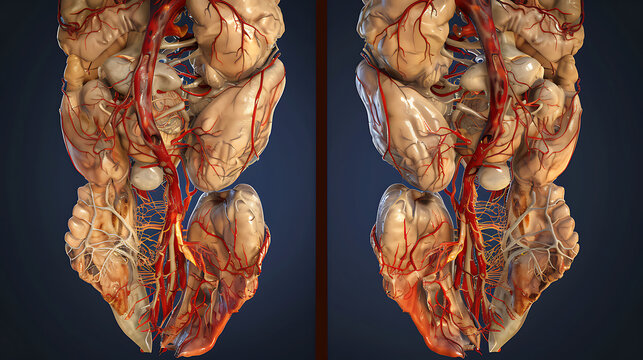 Medical illustration comparing a normal aorta (left) and a large fusiform aneurysm of the abdominal aorta.
