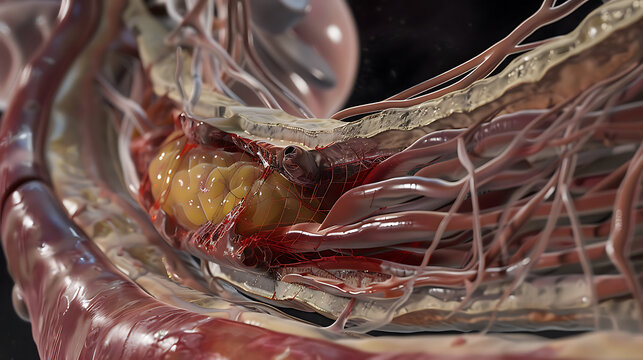 Detailed medical illustration showing a cross-section of an abdominal aortic aneurysm.
