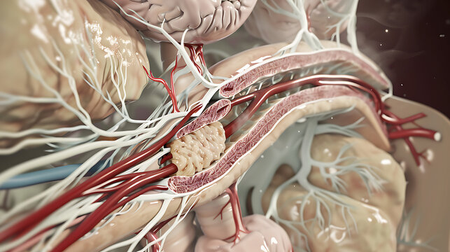 Detailed 3D medical illustration showing a cross-section of an abdominal aortic aneurysm.
