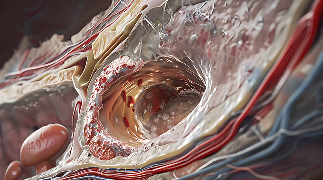 A medical illustration showing a cross-section of an abdominal aortic aneurysm. The vessel lumen is significantly dilated, and a thrombus is visible on the inner wall