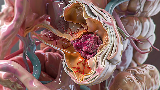 This medical image shows a cross-section of an abdominal aortic aneurysm. The vessel lumen is significantly dilated, and a thrombus is visible on the inner wall.