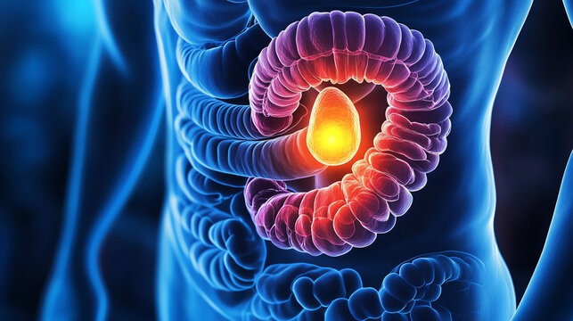 Detailed illustration of the human digestive system, showcasing the intestines with glowing focus on important organs.