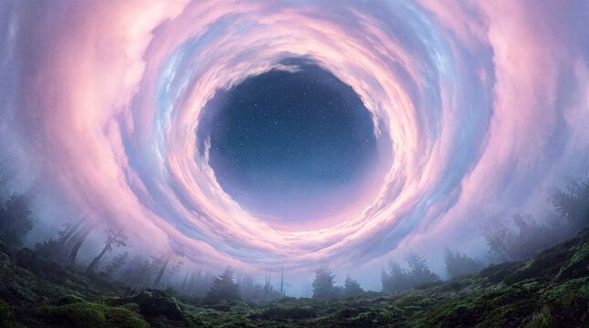 Swirling cloud vortex in the night sky. Abstract tunnel of clouds with stars above landscape.