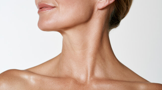 Woman with defined jawline and healthy skin, showcasing a smooth neck and decollete area, highlighting anti aging skincare concepts and natural beauty with glowing complexion