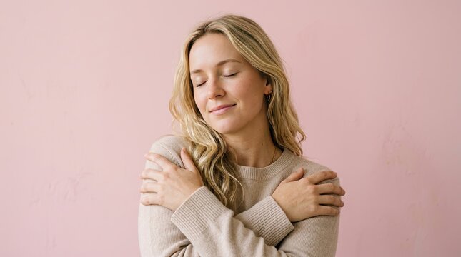 A young woman embracing herself with love and care during breast cancer awareness month on a soft pink background