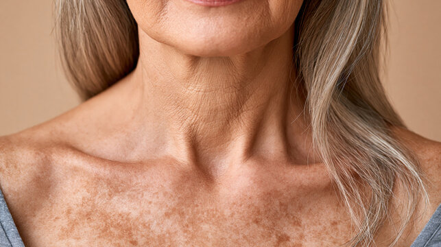 Mature senior woman showing deep wrinkles on her neck and hyperpigmentation on her decolletage, the sun damaged skin displaying numerous age spots and freckles