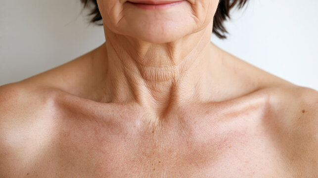 Senior woman showing her face and neck with pronounced wrinkles and dry skin texture, highlighting the aging process, dermatology and beauty treatments concept