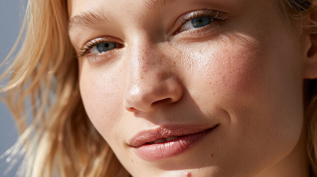 Young woman with blonde hair, freckles, and clear blue eyes smiling at the camera, showing a radiant complexion with healthy, natural skin and a cheerful expression
