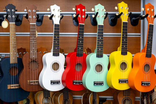 Colorful Ukuleles Displayed in a Music Shop. A colorful row of ukuleles hangs on a wooden music shop wall, featuring bright finishes, strings, fretboards and sound holes.