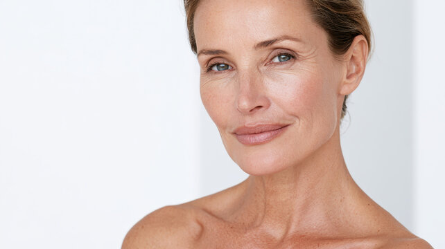 Mature woman looking at camera with healthy skin, representing natural beauty, confidence, and aging gracefully, highlighting skincare, wellness, and self acceptance concepts