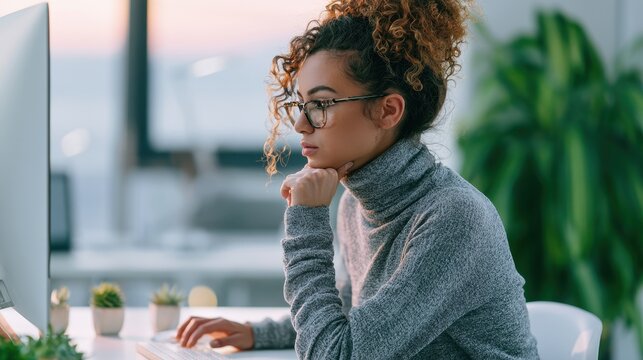 Concentrated businesswoman with curly hair working on computer in office