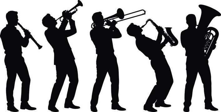 Brass and wind instrument musicians silhouettes playing trumpet saxophone trombone oboe and tuba isolated.