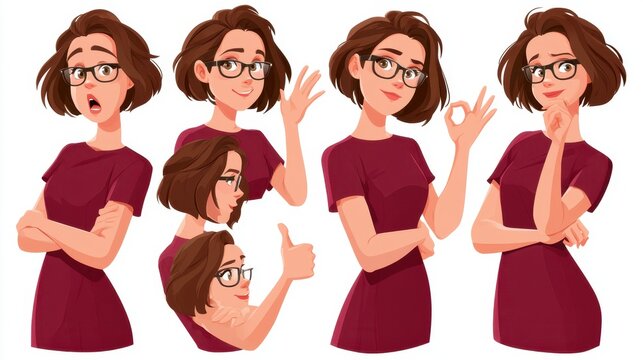 Set of young woman character in different poses and expressions isolated on white background