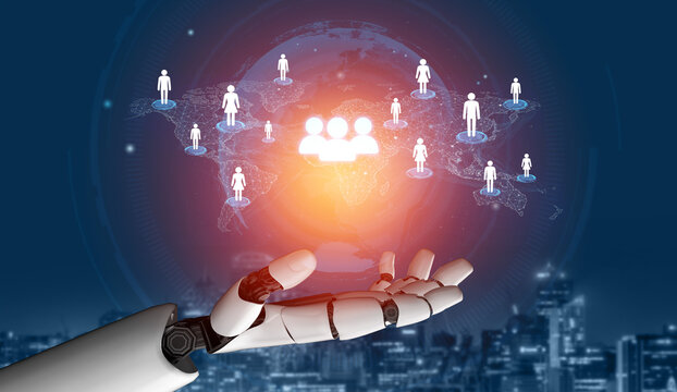 Futuristic Robotic Hand Manipulating Digital Network of People Connection over Earth with Cityscape in Background at Night. Entropy.