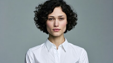 Obraz premium Portrait of a young woman with curly hair wearing a white shirt against a grey background