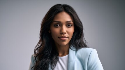 Fototapeta premium Professional portrait of a confident young woman with long dark hair wearing a light blue blazer against a grey background