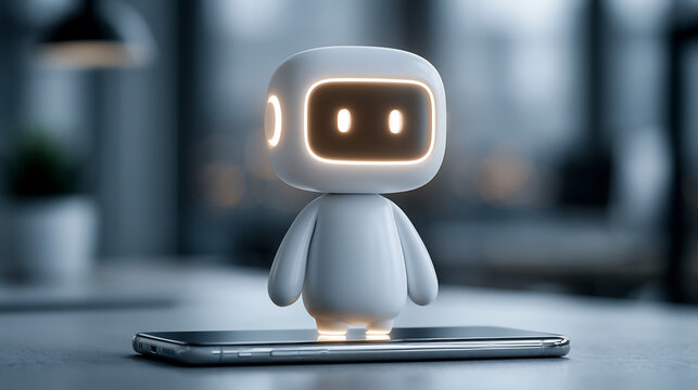 Futuristic white robot character standing on smartphone, artificial intelligence assistant concept, cute 3D digital bot on mobile device screen